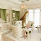 White Nursery Involving Elegant White Nursery Decor Ideas Involving Pale Green Curtain Covering The Classy Twin Cribs For Boy And Girl Decoration Lovely Nursery Decor Ideas With Secured Bedroom Appliances