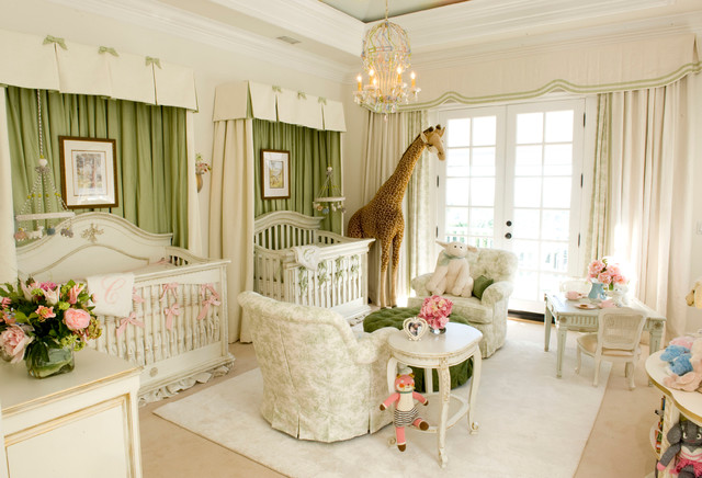 White Nursery Involving Elegant White Nursery Decor Ideas Involving Pale Green Curtain Covering The Classy Twin Cribs For Boy And Girl Decoration  Lovely Nursery Decor Ideas With Secured Bedroom Appliances