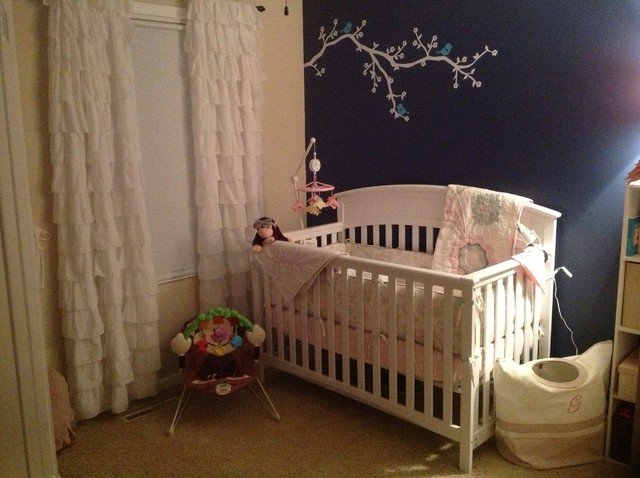 Nursery Decor Baby Enthralling Nursery Decor Ideas For Baby Girl Involving Black Center Wall With White Branch Decal And Ruffled Curtain Decoration Lovely Nursery Decor Ideas With Secured Bedroom Appliances
