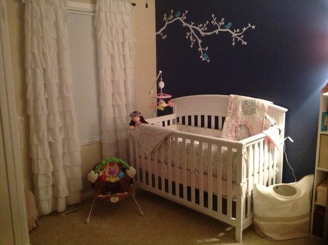 Nursery Decor Baby Enthralling Nursery Decor Ideas For Baby Girl Involving Black Center Wall With White Branch Decal And Ruffled Curtain Decoration  Lovely Nursery Decor Ideas With Secured Bedroom Appliances