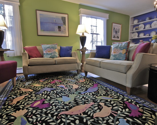 Rug Installed Living Exciting Rug Installed In Eclectic Living Room Using What Color Matches With Green Involved Night Lamp On Modular Side Table Decoration Chic Home Decorating With Stylish Green Color Combinations