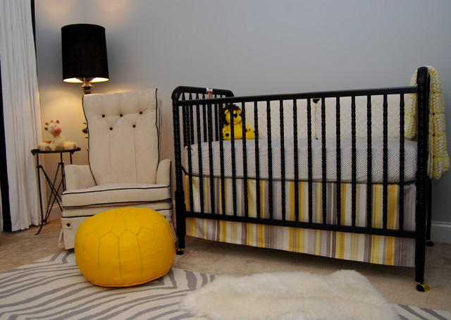 Catching Black Crib Eye Catching Black Painted Custom Crib Bedding Placed Among Yellow Ball Shaped Foot Rest And Cream Chair Kids Room Eye Catching Custom Crib Bedding In Minimalist And Colorful Scheme