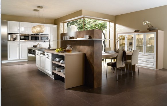 Brown Tinted Twin Fabulous Brown Tinted Kitchen With Twin Modular Pendant Lamp Above Dining Table Connected To Kitchen Island On Tiled Floor Kitchens Various French Kitchen Styles In Pretty Layout