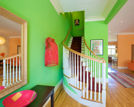 Contemporary Entry What Fabulous Contemporary Entry Room Using What Color Matches With Green Completed White Railing On Wooden Staircase Completed Mural Decoration  Chic Home Decorating With Stylish Green Color Combinations