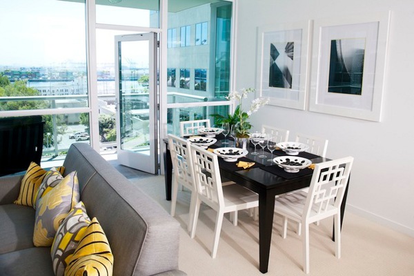 Dining Room Dwellatvue Fabulous Dining Room In The Dwellatvue Apartment With Long Black Table And White Chairs Near Wide Glass Walls Decoration  Amazing Elegant Dwelling For Fantastic Modern Home Tour