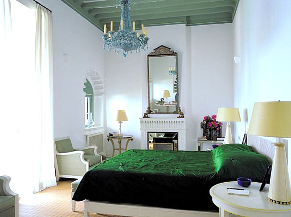 Emerald Green The Fabulous Emerald Green Bedspread On The White Bed Under The Gorgeous Blue Chandelier In Comfortable Bedroom Decoration Shining Room Painting Ideas With Jewel Vibrant Colors