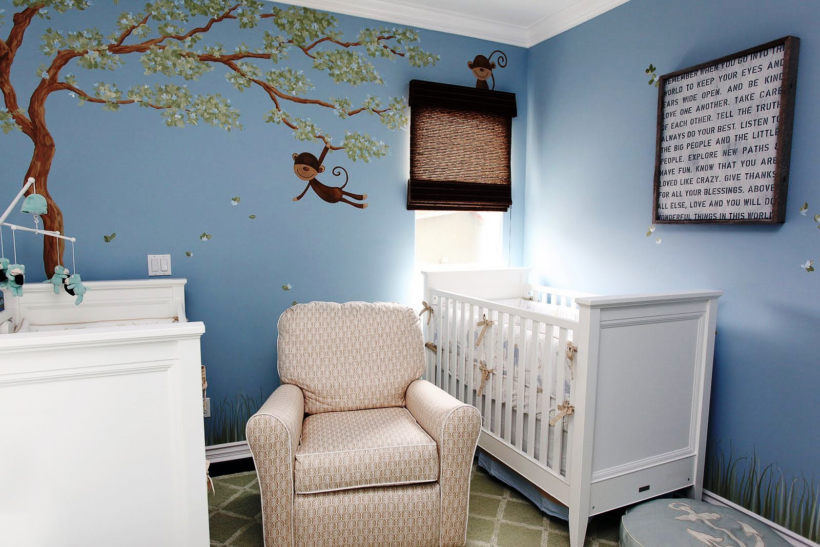 Monkey Themed Nursery Fabulous Monkey Themed Baby Boy Nursery Interior Idea Painted In Blue With White Mini Crib Bedding And Dresser Kids Room  Astonishing Mini Crib Bedding Designed In Minimalist Model For Mansion