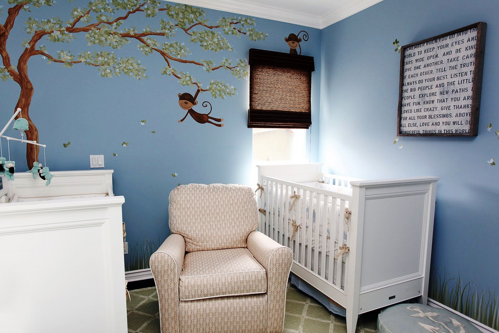 Monkey Themed Nursery Fabulous Monkey Themed Baby Boy Nursery Interior Idea Painted In Blue With White Mini Crib Bedding And Dresser Kids Room Astonishing Mini Crib Bedding Designed In Minimalist Model For Mansion