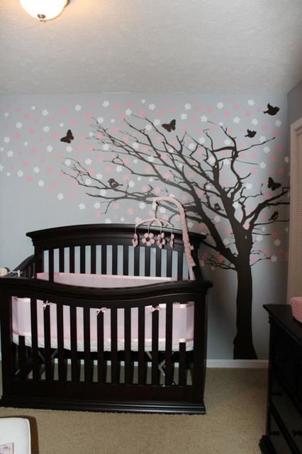 Light Grey Decor Fancy Light Grey Painted Nursery Decor Ideas For Girl Involving Black Crib To Match Tree Decal With Pink Flowers Decoration  Lovely Nursery Decor Ideas With Secured Bedroom Appliances