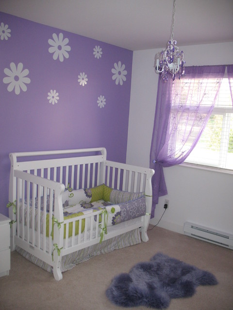 Purple And Decor Fantastic Purple And White Nursery Decor Ideas For Girls Involving Eye Catching White Crib With Patterned Mattress Decoration Lovely Nursery Decor Ideas With Secured Bedroom Appliances
