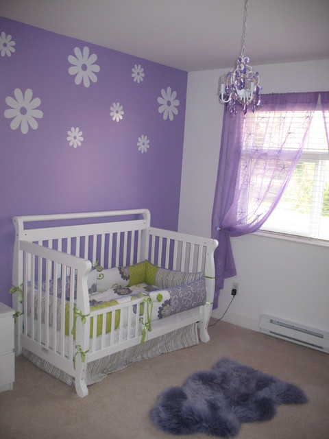 Purple And Decor Fantastic Purple And White Nursery Decor Ideas For Girls Involving Eye Catching White Crib With Patterned Mattress Decoration  Lovely Nursery Decor Ideas With Secured Bedroom Appliances