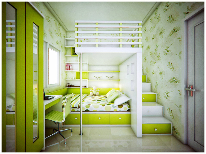 Girls Green Idea Feminine Girls Green Kids Room Idea Displaying Smart Interior Setting Of Room With Loft And Study Spot With Wardrobe Kids Room  Creative Kids Playroom Design Ideas In Beautiful Themes