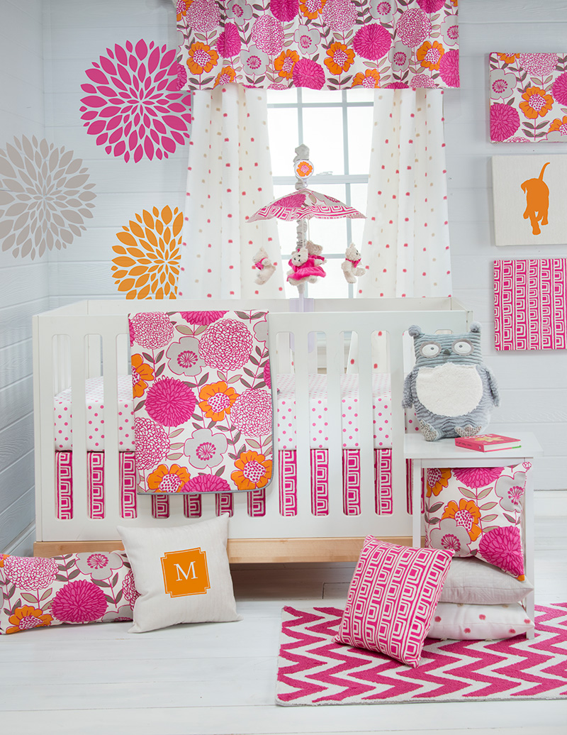 Mini Crib By Feminine Mini Crib Bedding Covered By Patterned Pink And Orange Floral Wall Art Installed On The Wall Of Nursery Kids Room  Astonishing Mini Crib Bedding Designed In Minimalist Model For Mansion