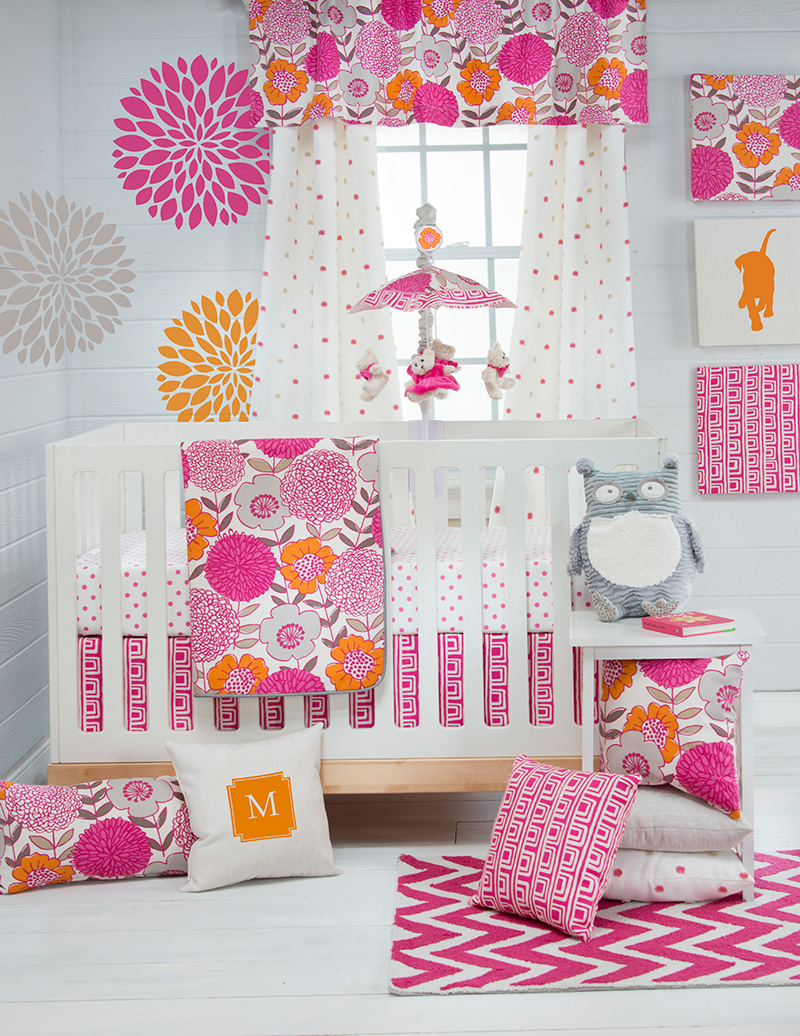 Mini Crib By Feminine Mini Crib Bedding Covered By Patterned Pink And Orange Floral Wall Art Installed On The Wall Of Nursery Kids Room Astonishing Mini Crib Bedding Designed In Minimalist Model For Mansion