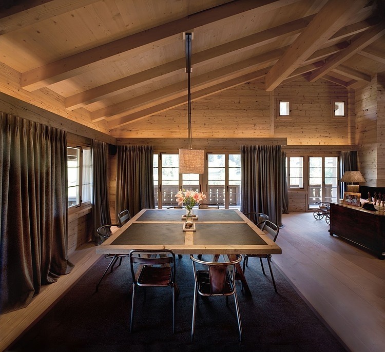 Chalet Gstaad Architectes Formal Chalet Gstaad Amaldi Neder Architectes Dining Room With Square Table And Metallic Chairs For Eight Decoration  Eclectic White Chalet Decoration With Wooden Veneer For Walls