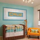 Blue Painted Of Fresh Blue Painted Center Wall Of Baby Nursery Hitting Other White Painted Wall Sides And Brown Custom Crib Bedding Kids Room Eye Catching Custom Crib Bedding In Minimalist And Colorful Scheme
