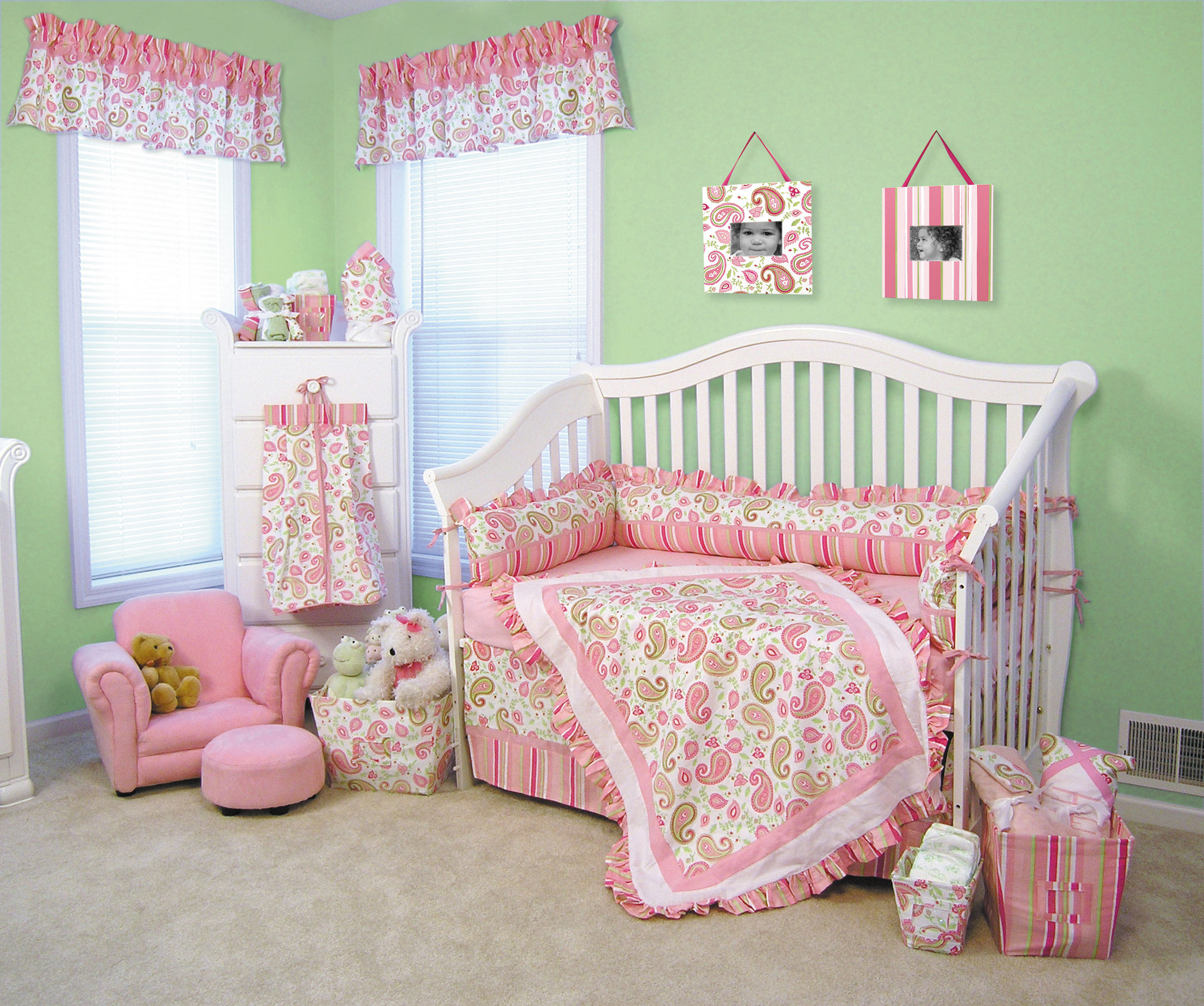 Light Green Nursery Fresh Light Green Painted Baby Nursery Furnished With White Baby Girl Crib Bedding With Curve And Covered By Pink Linen Kids Room Stunning Baby Girl Crib Bedding Designed In Magenta Color Interior