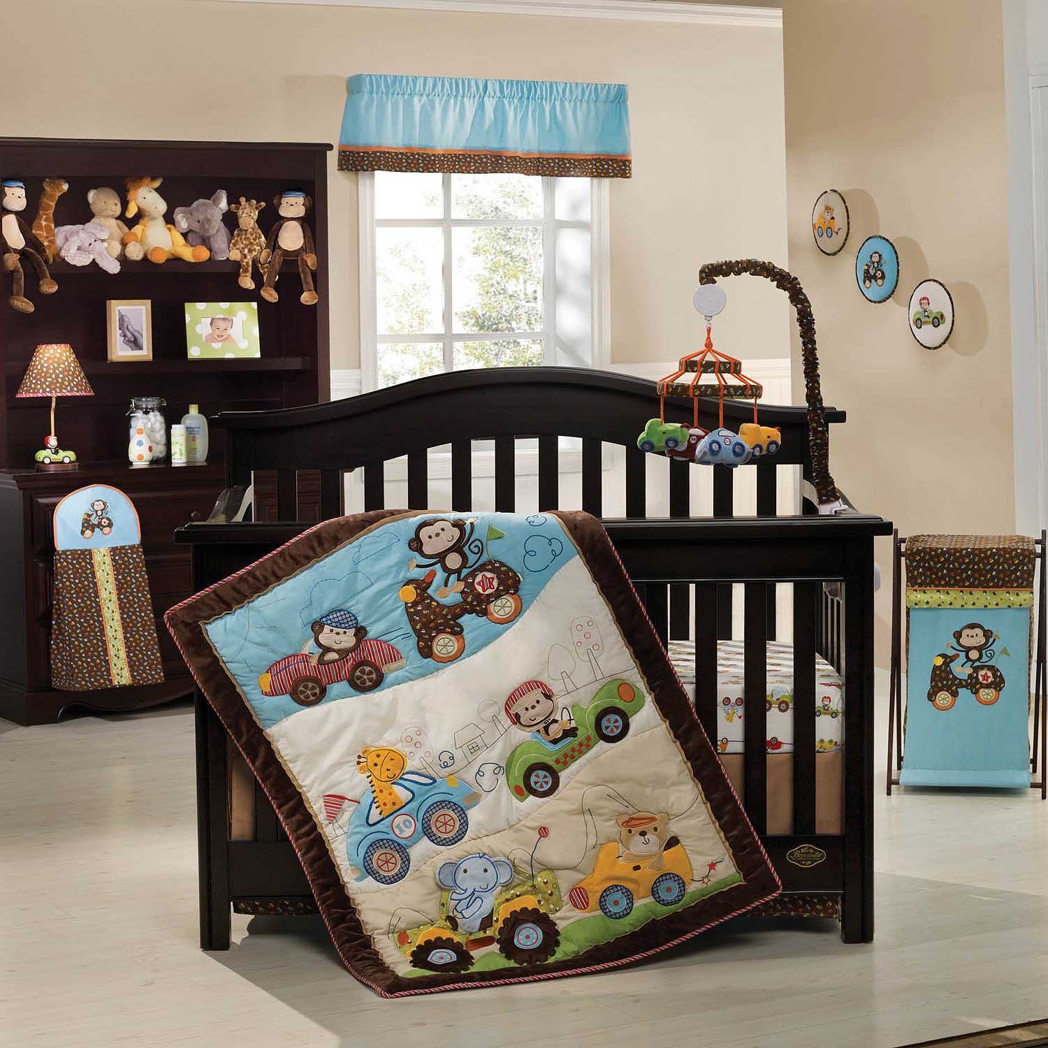 Monkey Themed Crib Funny Monkey Themed Baby Boy Crib Bedding Beautified With Hanging Accessory Above The Mattress In Colorful Splash Kids Room  Enchanting Baby Boy Crib Bedding Applied In Colorful Baby Room