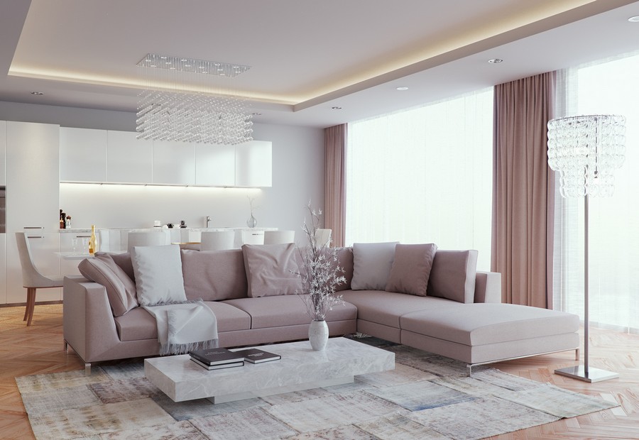 Crystal Chandelier Light Glamorous Crystal Chandelier And LED Light Sectional Sofa Marble Coffee Table Rectangular Dining Table And Minimalist Cabinet Project Design Caliman Eduard Living Room Luxury Living Room In Elegant Contemporary Style
