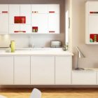 White Kichen Red Glamorous White Kitchen Cabinets With Red Handles And Mixed With Luminous Hardware Storage On Diagonal Wooden Floors Kitchens Fabulous White Kitchen Design In Cleanness And Fashionable Decoration
