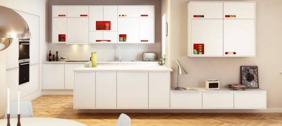 White Kichen Red Glamorous White Kitchen Cabinets With Red Handles And Mixed With Luminous Hardware Storage On Diagonal Wooden Floors Kitchens  Fabulous White Kitchen Design In Cleanness And Fashionable Decoration