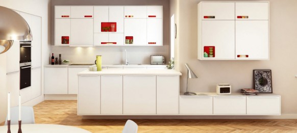 White Kichen Red Glamorous White Kitchen Cabinets With Red Handles And Mixed With Luminous Hardware Storage On Diagonal Wooden Floors Kitchens Fabulous White Kitchen Design In Cleanness And Fashionable Decoration