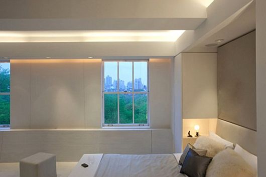 Walls With Metal Glass Walls With White Painted Metal Window Frames In Bedroom Walls Of Contemporary Apartment With LED Mood Lighting Decoration  Perfect Black And White Room Design Combined With LED Lighting