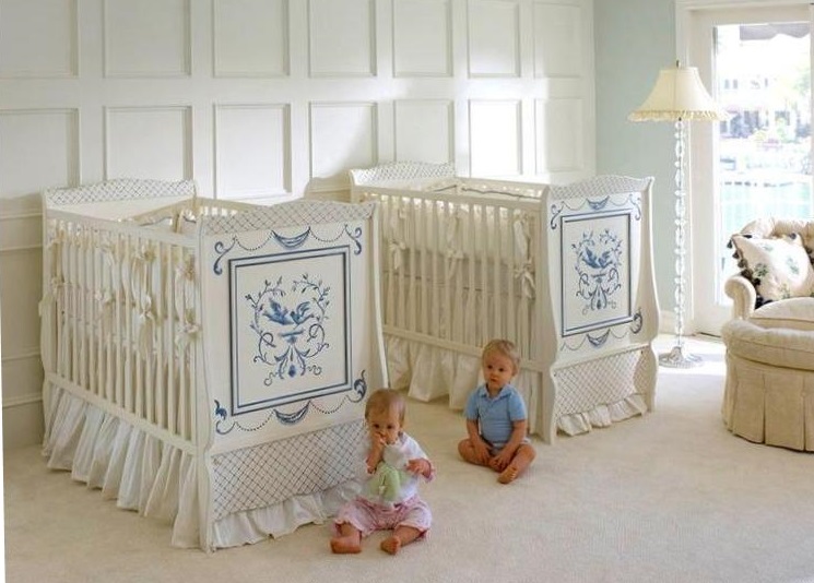 White Painted Interior Glorious White Painted Baby Nursery Interior Furnished With White Best Baby Cribs With Blue Pattern On Foot Board Kids Room  Marvelous Best Baby Cribs Designed In Twins Model For Small Room