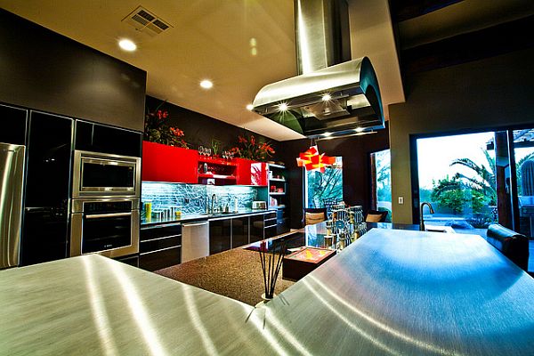 Themes Of Design Glossy Themes Of Modern Kitchen Design Installed On Kitchen Island And Extractor Also Refrigerator On Black Wall Kitchens Fascinating Kitchen Decoration That Transform The Home Into Modern Design