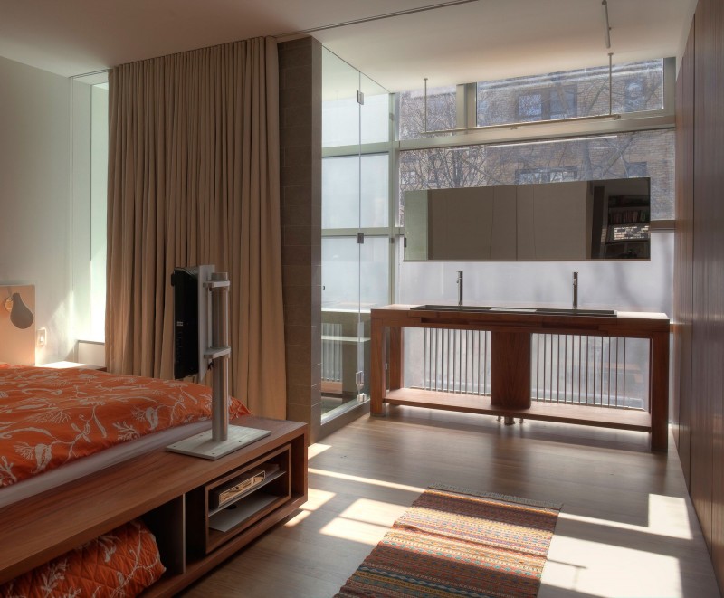 Bedroom In House Gorgeous Bedroom In The Urban House NYC With Wooden Bench And Wooden Vanity Under Long Mirror Architecture Elegant Townhouse Designed Into A Contemporary Urban Home Style