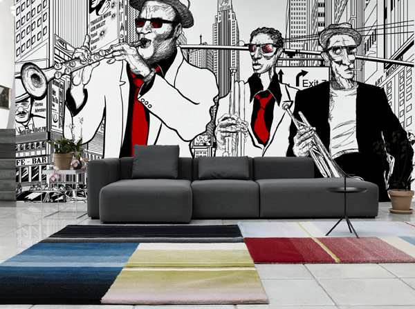 Jazz Band In Incredible Jazz Band Wall Decor In Modern Minimalist Living Room Decorated With Grey Sofa Furniture Design Ideas Decoration Unique Wall Decoration For An Elegant Home Interior Concepts