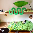 Forest Themed Room Interesting Forest Themed Green Kids Room Integrating Unique Bunk Bed With Ladder Rack For Clothes With Toy Shelf Kids Room Creative Kids Playroom Design Ideas In Beautiful Themes