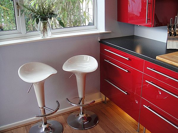 Glossy Stools Kicthen Interesting Glossy Stools Beside Red Kitchen Island Using Modern Kitchen Design On Wooden Striped Floor Involved Glass Potted Plants Kitchens Fascinating Kitchen Decoration That Transform The Home Into Modern Design