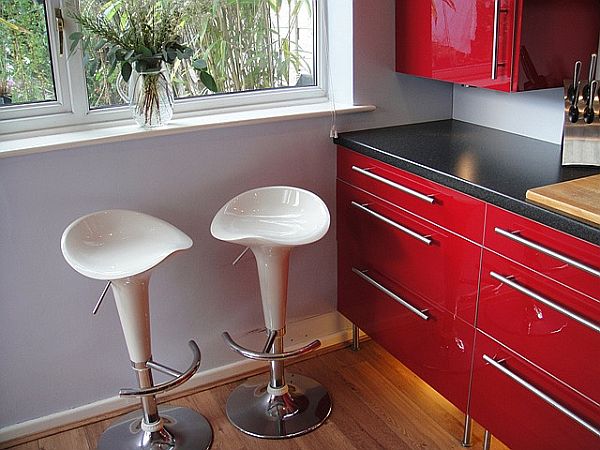 Glossy Stools Kicthen Interesting Glossy Stools Beside Red Kitchen Island Using Modern Kitchen Design On Wooden Striped Floor Involved Glass Potted Plants Kitchens  Fascinating Kitchen Decoration That Transform The Home Into Modern Design