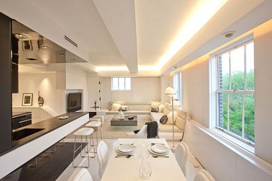 Lighting Installed Painted Ivory Lighting Installed On Ivory Painted Ceiling Of Opened Living Room In Contemporary Apartment With LED Mood Lighting Decoration  Perfect Black And White Room Design Combined With LED Lighting