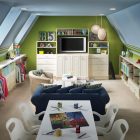 Green Kids Base Large Green Kids Room Involving Base Cabinets On Both Sides Of Room For Fashion And Toys Storage Set Neatly Kids Room Creative Kids Playroom Design Ideas In Beautiful Themes