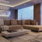 Project Design Sectional Lavish Project Design Caliman Eduard Sectional Sofa Marble Box Coffee Table Crystal Chandelier Shiny LED Light Sheer Curtain Minimalist White Cabinet Living Room Luxury Living Room In Elegant Contemporary Style