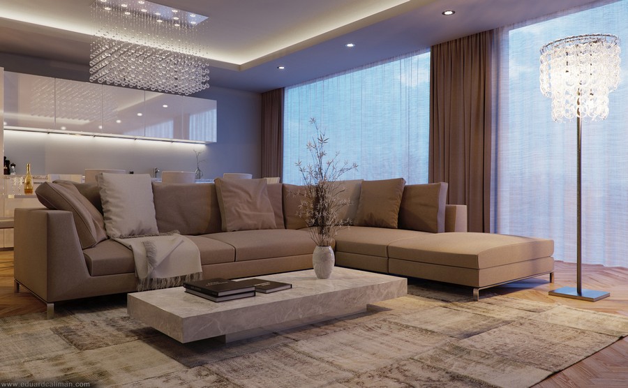 Project Design Sectional Lavish Project Design Caliman Eduard Sectional Sofa Marble Box Coffee Table Crystal Chandelier Shiny LED Light Sheer Curtain Minimalist White Cabinet Living Room Luxury Living Room In Elegant Contemporary Style