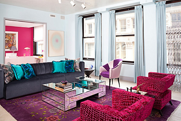Jewel Toned Room Lovely Jewel Toned Apartment Living Room With Long Grey Sofa And Mirrored Coffee Table Near Pink Chairs Decoration Shining Room Painting Ideas With Jewel Vibrant Colors