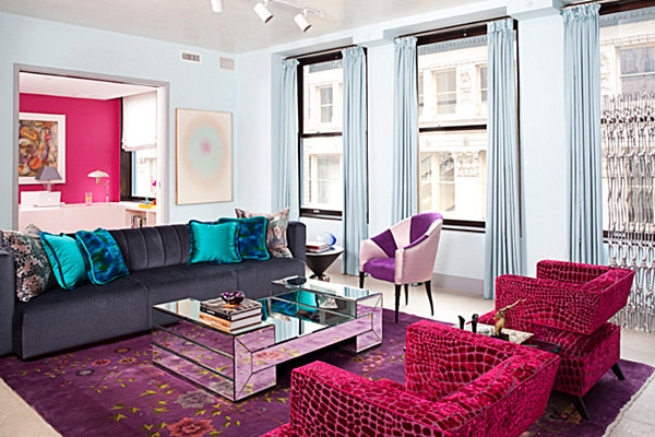 Jewel Toned Room Lovely Jewel Toned Apartment Living Room With Long Grey Sofa And Mirrored Coffee Table Near Pink Chairs Decoration  Shining Room Painting Ideas With Jewel Vibrant Colors