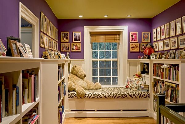 Purple And Room Lovely Purple And White Kids Room With Large Bookcase In White And Cozy White Bay Seats Window Kids Room  Fantastic Kids Room Decoration That Make Imaginations Come True