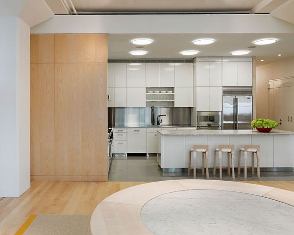 White Apartment Kitchen Minimalist White Apartment Inspiration Open Kitchen Idea Arranged In G Shaped Layout With Big Recessed Lamps Swimming Pool Luminous White Loft With Vibrant Accent Colors In The Middle Of New York City