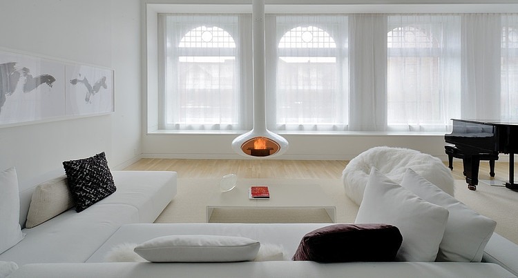 White Themed Loft Minimalist White Themed Broadway Duplex Loft David Hotson Architect Living Room With Floating Fireplace Apartments  Magnificent Duplex Loft Interior With Minimalist Furniture