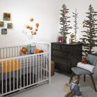 Kids Nursery Wrought Modern Kids Nursery Idea Involving Wrought Iron White Crib In White With Greenery Decals On The Center Wall Kids Room Lavish White Crib Designed In Contemporary Style For Main Furniture