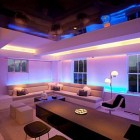 Color Scheme Contemporary Neon Color Scheme Produced By Contemporary Apartment With LED Mood Lighting In Purple And Blue Color Attraction On Ceiling Decoration Perfect Black And White Room Design Combined With LED Lighting