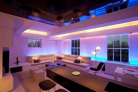 Color Scheme Contemporary Neon Color Scheme Produced By Contemporary Apartment With LED Mood Lighting In Purple And Blue Color Attraction On Ceiling Decoration  Perfect Black And White Room Design Combined With LED Lighting