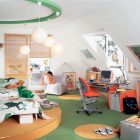 Green Kids In Nice Green Kids Room Located In Attic With Asymmetric Window To Brighten Orange And Grey Study Nook With Desk Kids Room Creative Kids Playroom Design Ideas In Beautiful Themes