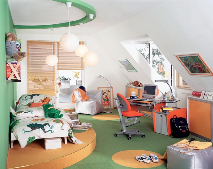 Green Kids In Nice Green Kids Room Located In Attic With Asymmetric Window To Brighten Orange And Grey Study Nook With Desk Kids Room Creative Kids Playroom Design Ideas In Beautiful Themes