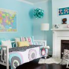 Blue Themed For Refreshing Blue Themed Chat Room For Kids Girl Featured With Mounted Fireplace And Colorful Sofa Bed With Maps On Wall Kids Room Engaging Chat Room For Kids Activities And Decorations Ideas