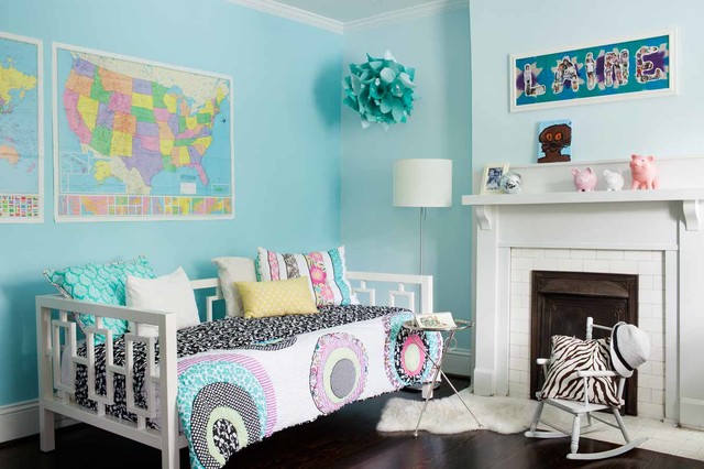 Blue Themed For Refreshing Blue Themed Chat Room For Kids Girl Featured With Mounted Fireplace And Colorful Sofa Bed With Maps On Wall Kids Room Engaging Chat Room For Kids Activities And Decorations Ideas